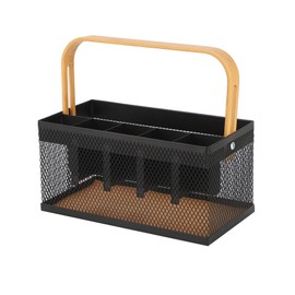 AJIODA Utensil Caddy Metal Mesh Silverware Cutlery Organizer Basket with Bamboo Handle, Multi-Purpose Steel Wire Caddy 6 Compartment Flatware Basket for Kitchen, Countertop, Picnic, Restaurant, Black