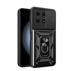 JIAFEI Hülle Kompatibel mit Honor X8b, TPU+PC Dual Layer Stoßfeste Hülle mit Slide Camera Cover Kameraschutz mit Ring Ständer Handyhülle, Schwarz