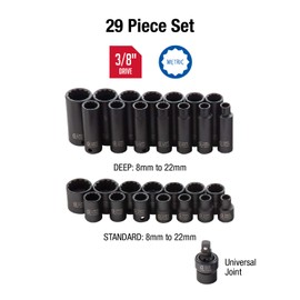 SUNEX TOOLS 3330, 3/8 Inch Drive Master Impact Socket Set, 12-Point, 29-Piece, Metric, 8mm-22mm, Standard/Deep, Cr-Mo Steel, Heavy Duty Storage Case, Includes Universal Joint