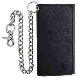 F&L CLASSIC RFID Blocking Mens Tri-fold Long Style Cowhide Leather Steel Chain Wallet,brown flag,212-100