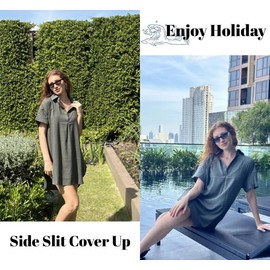 AI'MAGE Women's Swimsuit Coverup V Neck Bathing Suit Cover Up Shirt Short Sleeves Beach Bikini Swimwear Dress(Army Green, Medium)