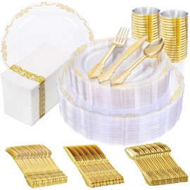 supernal 210Pcs Clear Gold Dinnerware Set,Clear and Gold Plastic Plates for 30 Guests,Disposable Plates and Napkins Party Supplies Includes 30 Dinner & Salad Plate,Cups,Napkins,Cutlery Set for Party
