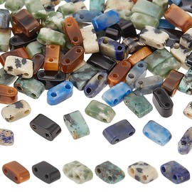 PH PandaHall 120pcs Half Tila Beads 6 Styles Natural Gemstone Beads 2-Hole Flat Spacer Beads Rectangle Loose Beads Charms Multi-Strand Linking Connectors for Bracelets Necklace Jewelry Making