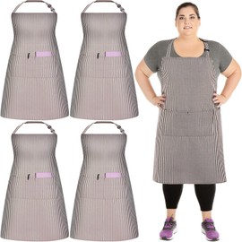 Chicingyou 4 Pcs Plus Size Chef Apron Large Adjustable Stripe Aprons with 2 Pockets Unisex Professional Apron for Cooking(Coffee)