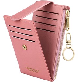Favydov RFID Blocking Compact Slim Wallet for Women PU Leather 11 Card Holder Zipper Coin Purse Money Organizer with Keychain Pink