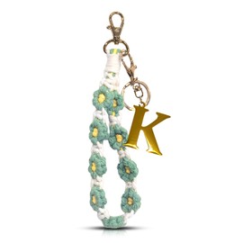 Letter A-Z Keychain, Handmade Macrame Wristlet Keychain, Metal Alphabet Initial Flower Lanyard for Women Bags Car Key, Gold, Standard