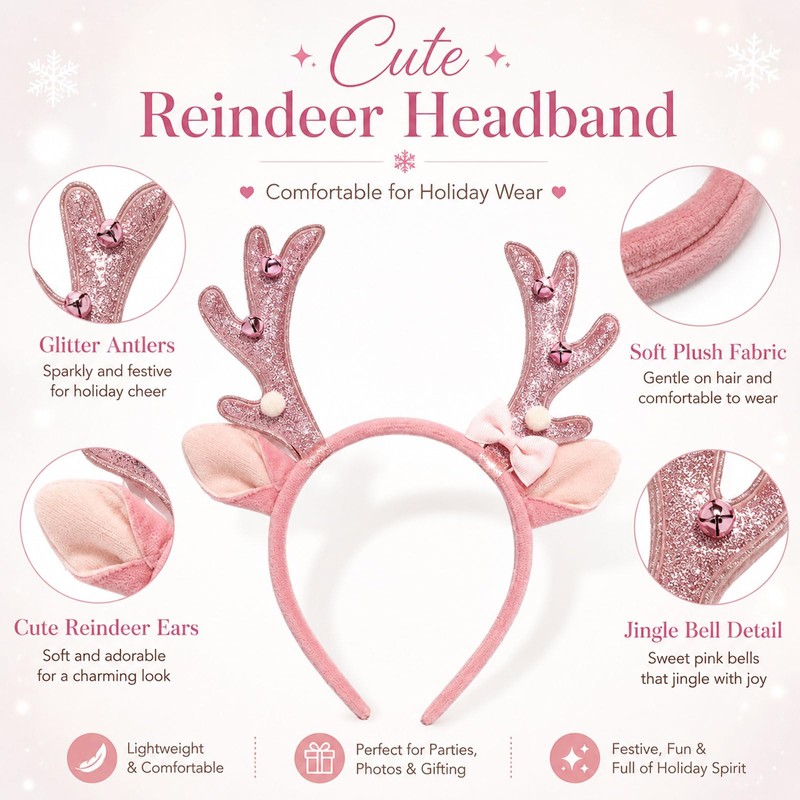 Pink Reindeer Antler Headband Glitter Bow Elk Bells Hair Hoop