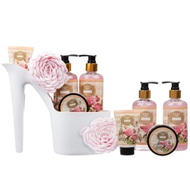 5 Piece Stylish British Rose Body & Bath High Heel Shoe Gift Set - Includes Shower Gel, Bubble Bath, Body Butter, Body Lotion and an Eva Puff