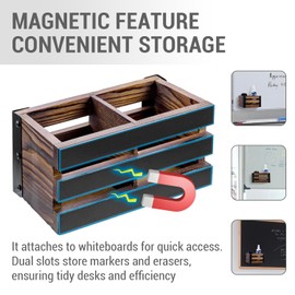 MyGift 2 Compartment Magnetic Office White Board Accessories Holder, Rustic Burnt Solid Wood Dry Erase Marker and Eraser Caddy with Black Metal Corner Brackets