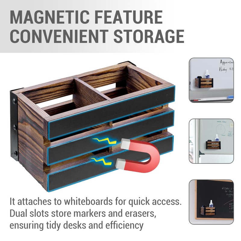 MyGift 2 Compartment Magnetic Office White Board Accessories Holder, Rustic