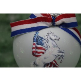 H599 Hand-made Christmas Ornament -horse rearing white mustang USA American flag