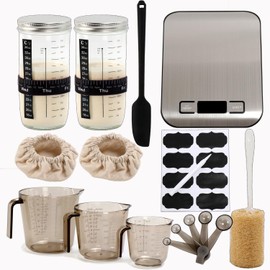 14pcs Sourdough Starter Jar Kit for Sourdough Bread Baking with Date Marked Feeding Band, Thermometer, Scraper, Digital Kitchen Scale,3 x Measuring Cups and 5 in 1 Spoons, Cleaning Cloth