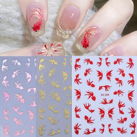 6 Pcs Nail Stickers 3D Self-Adhesive Nail Art Sticker Sparkly Goldfish Nail Decals Red Gold Laser Butterfly Design Gradient Nails Decals Summer Style DIY Salon Manicure Supplies Decal for Women