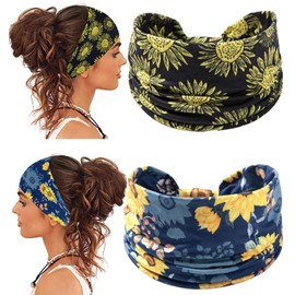 Zupro Boho Wide Headbands 2 PCS for Women Fashion Headband Non Slip Elastic Soft Cotton Cloth African Sport Yoga Running Workout Turban Hair Bands Hair Accessories Head Wraps for Women and Girls