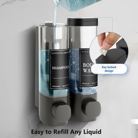 MEKOTRIN Soap Dispenser, 2 Chamber Shampoo and Conditioner Dispenser, Refillable Wall Mounted Shower Soap Dispenser with Waterproof Labels for Bathroom Kitchen (Gray,2x300ml)