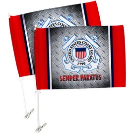 Coast Guard Car Flag US Semper Paratus 2 PCS Pack Bandera Para Carros Auto Decorations Small Banner For Window Clip Pole Accessories USCG Offical Coasties Armed Forces Veteran Gift Made In USA