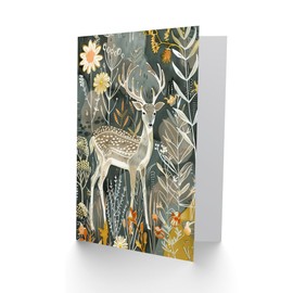 Artery8 Greeting Card Deer in Autumn Forest Wildflowers Animal Folk Art Blank For All Him Or Her Art Birthday Card