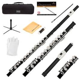Mendini By Cecilio Flute, 16 Keys C Flute Instrument Closed Hole For Beginners with Carrying Case, Cork Grease, Stand, Lesson Book, Cleaning Kit, Gloves (Silver)