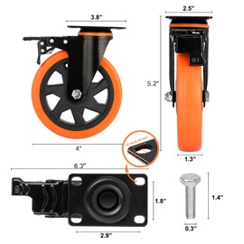 4 Inch Heavy Duty Caster Wheels Load 2200 Lbs with Brake Safety Dual Locking No Noise Wheels Swivel Casters Set of 4 (Free Screws)