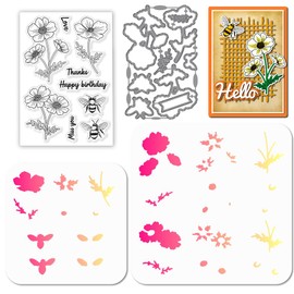GLOBLELAND Kosmos Bee Stamp and Cutting Dies Set for Card Making Flowers Insects Stamps and Stencils Layered Embossing Stencil for DIY Scrapbooking Crafts Album Accessories