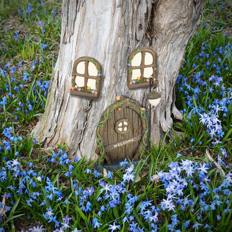 Relaxdays Fairy Door, 4-Piece Set, 2 Gnome Windows, 1 Gnome