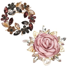Pack of 2 Women's Brooches for Clothing, Rose Flower Brooch Pin and Wreath Rhinestone Crystal Pearl Brooches Pins for Women Girls Coats Wedding Dress Suit Jewellery Gifts for Valentine's Day, Metal