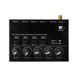 4 Channel Audio Mixer, Low Noise Stereo Audio Mixer with Separate Volume Control, Power Switch for Microphones, Guitars, Bass, Keyboards, Stage Mixer