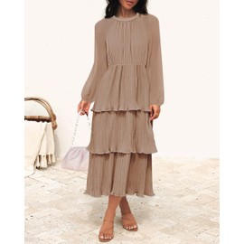 ZESICA Women's 2024 Long Sleeve Crew Neck Ruffle Tiered Layered Chiffon Flowy Swing Long Midi Dress,Khaki,Small