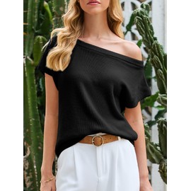 Saodimallsu Womens Off One Shoulder Sweater Tops Summer Short Sleeve Casual Loose Knit Trendy Going Out Tops Black