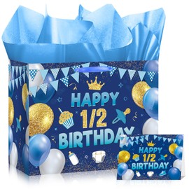 Half Birthday Decorations for Boys Blue and Gold 1/2 Birthday Wrapping Bag with Tissue Paper and Card 6 Months Happy Birthday Party Decorations for Half Year Christmas Baby Shower Party Favors Decorations Supplies