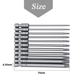 Mesee 11 Pieces Torx Screwdriver Bits Set, 1/4 Inch Hex Shank T6-T40 Magnetic Star Torx Head Security Screwdriver Drill Bit Electric Screwdrivers Tool Accessory, 75mm Length