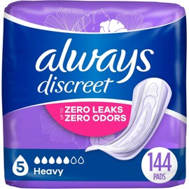 Always Discreet Adult Incontinence & Postpartum Incontinence Pads for Women, Heavy Absorbency 48 Count x 3 Packs (144 Count total) (Packaging May Vary)