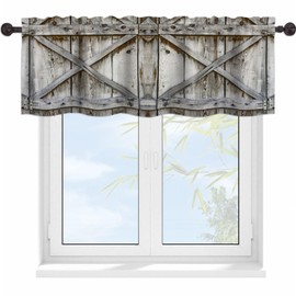 YUVVLFY Barn Wood Door Valance Curtains for WindowsVillage Farmhouse Rural Art Modern Rod Pocket Decorative Window Valance for Kitchen Bathroom Bedroom Living Room Closet, 54x18 Inch