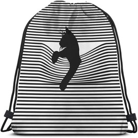 Beabes Black Cat Drawstring Bags Backpack Bag Animal Silhouette Black And White Stripes Cool Cartoon Fashion Sport Gym Sack Drawstring Bag String Bag Yoga Bag for Men Women