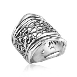 925 Sterling Silver Ring - Multi Textured Lace Shield Ring - Oxidized Textured Vintage Design - Hypoallergenic, Nickel & Lead-free - Artisan Handcrafted Designer Collection (Size 5-11)