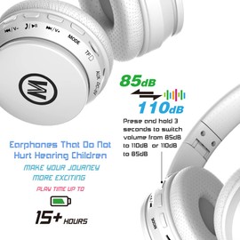 Mokata Headphones Bluetooth Wireless/Wired Kids Volume Limited 85 /110dB Over Ear Foldable Protection Headset with AUX 3.5mm Mic for Boys Girls School Pad Tablet White