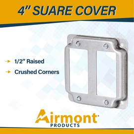 Airmont Products 2-Gang Rocker Switch Electrical Box Cover - 4 Inch Square 1/2 Inch Raised Galvanized Steel Cover for Exposed Work - Surface Mount Junction Box Cover for Double Rocker Switches