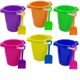 4E's Novelty 6 Pack 7.5" Beach Buckets and Shovels for Kids Bulk - Strong Large Sand Bucket for Toddler Beach Toys for Kids 3-10, SandBox Toys