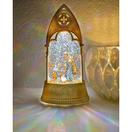 TenWaterloo Gold Holy Family Christmas Lighted Snow Globe, 6.25 Inches High, Battery Operated with Timer - Traditional, Old World Style, Gold Plastic, Acrylic, Suspension Liquid