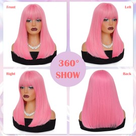 XCHJH Pink Bob Wig with Bangs Short Straight Wigs for Women Shoulder Length Natural Looking Pink Bob Hair Wig Straight Synthetic Heat-Resistant Fiber Hair for Daily Use(16inch)