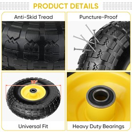 TICONN 4.00-6 Tire and Wheel Flat Free, 4 Pack 13" Solid Tires with 5/8" Axle Bore Hole and Double Sealed Bearings, Perfect for Wheelbarrow, Garden Cart, Wagon, Dolly (Yellow, 4PK)