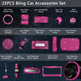 JINGSEN 25PCS Bling Car Parts Set, Car Parts Set Female Plug Universal 15 Inch, Shiny License Plate Frame, Center Console Cover and Rearview Mirror Set and Other Car Accessories(Rose Pink)