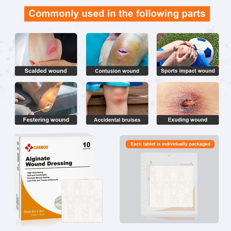 Carbou Calcium Alginate Wound Dressing, 4'' x 4'' Patches,10 Individual