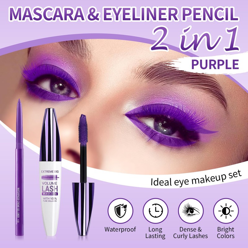 AOAZXBB Purple Mascara and Eyeliner Set 5D Coloured Mascara for