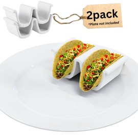DishSaver Taco Shell Holder Ceramic, Dual Taco Stand for Plates - Compact Taco Rack 2-Slot for Street/Hard Shell Tacos, Party Taco Server Mini Taco Holder, Taco Heater for Microwave Oven - Set of 2