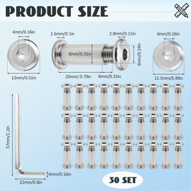 Pack of 30 Connection Screws M6 x 20 mm, Sleeve Screws Stainless Steel with Hex Key, Furniture Connection Screws, Sleeve Nut for Furniture, Cabinets, Wood Bread