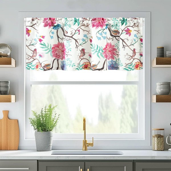 VOGOL Linen Textured Valances for Kitchen Windows, Bright Bird Flower