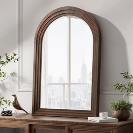 Delma Arched Wall Mirror,36x24 Inch Solid Wood Frame, Farmhouse Style, Wall Mounted or Freestanding for Bathroom, Bedroom, Living Room, Brown