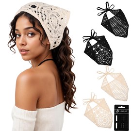 4 Pcs Crochet Hair Scarf Headbands Hollow Bandanas Headscarf Vintage Floral Scarf for Women Girls Knitted Floral Head Kerchief with Pins Hair Styling and Decor Accessories