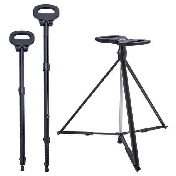 Cane with Seat Folding Lightweight Walking Stick Portable Stool Adjustable and Sturdy Cane Chair for Men & Women, Seniors Outdoor Mobility Aids with Travel Bag and 2 Base